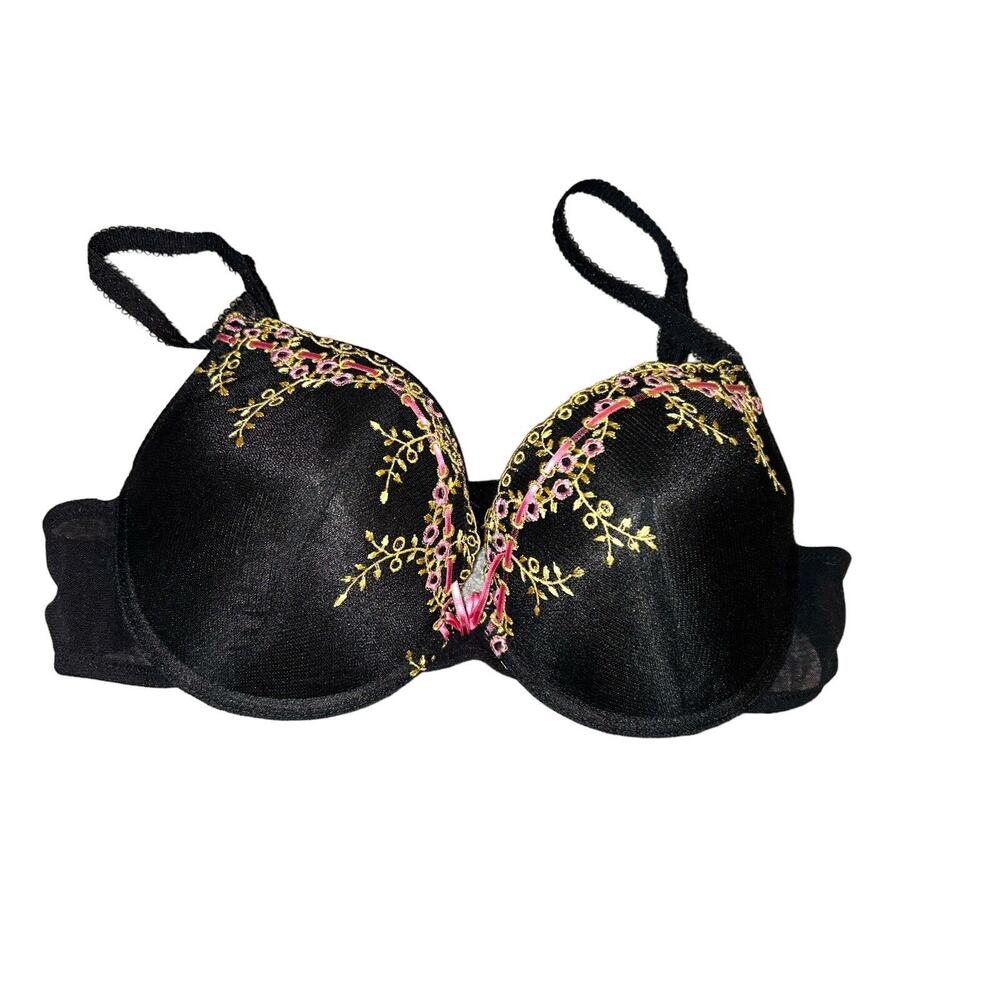 Vintage QT Bra Black Pink Floral Embroidered 38C Rayon Nylon Adjustable Straps